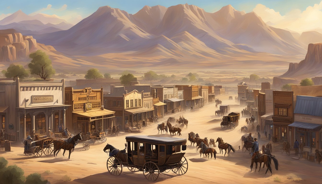 A dusty, sun-drenched western town with saloons and stagecoaches, surrounded by rugged mountains and open plains