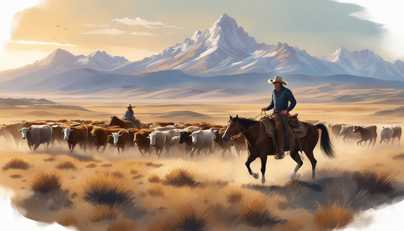 A rugged cowboy on horseback herding cattle across a vast, open prairie with mountains in the distance