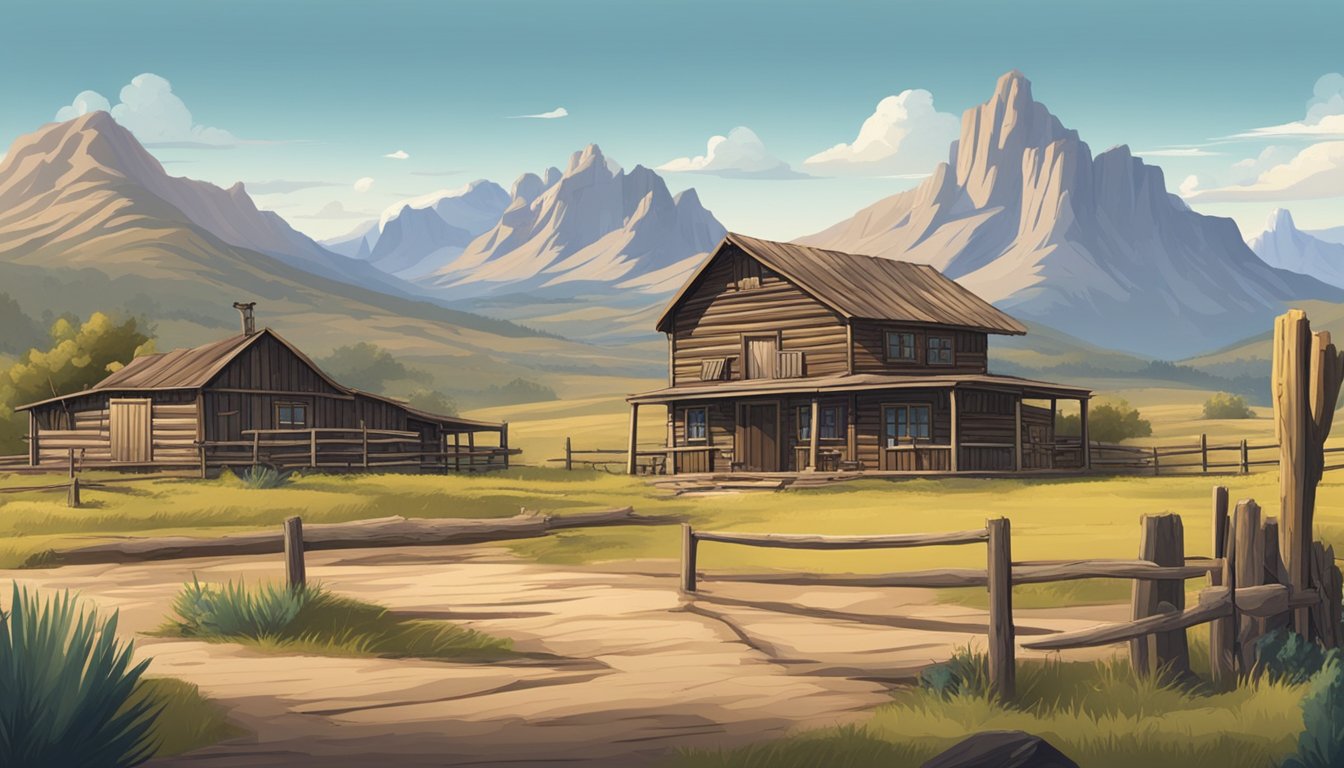 A rugged landscape with a rustic ranch and mountains in the background, evoking the setting of a classic Western TV show