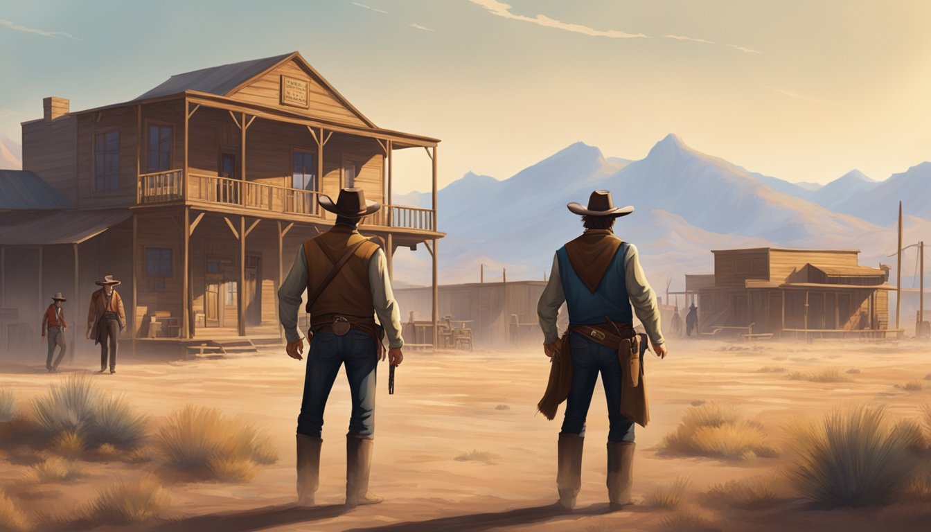 A tense standoff between two cowboys in a dusty western town, with a saloon and mountains in the background