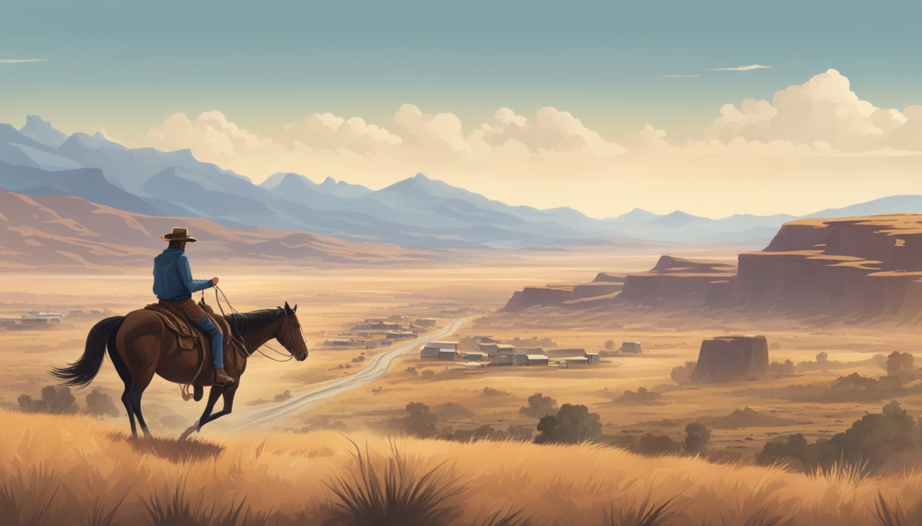 A dusty, rugged landscape with a small frontier town in the distance. A lone cowboy rides through the open range, with mountains in the background