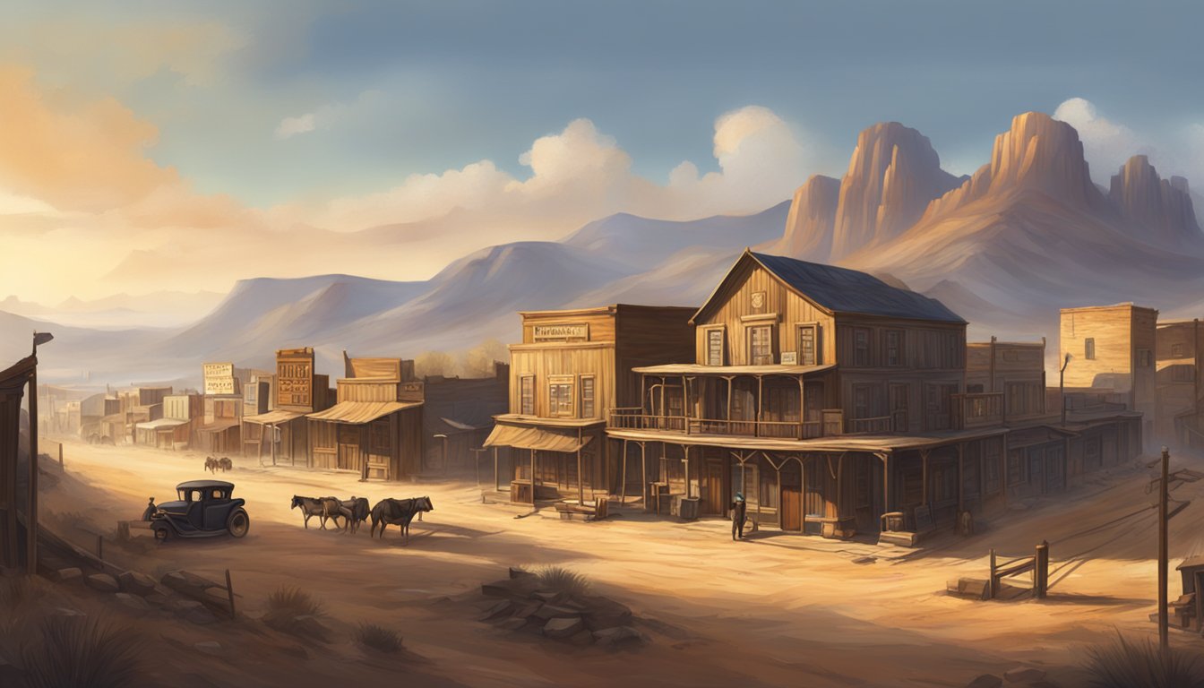 A dusty, sun-drenched western town with a saloon and a rugged landscape in the background