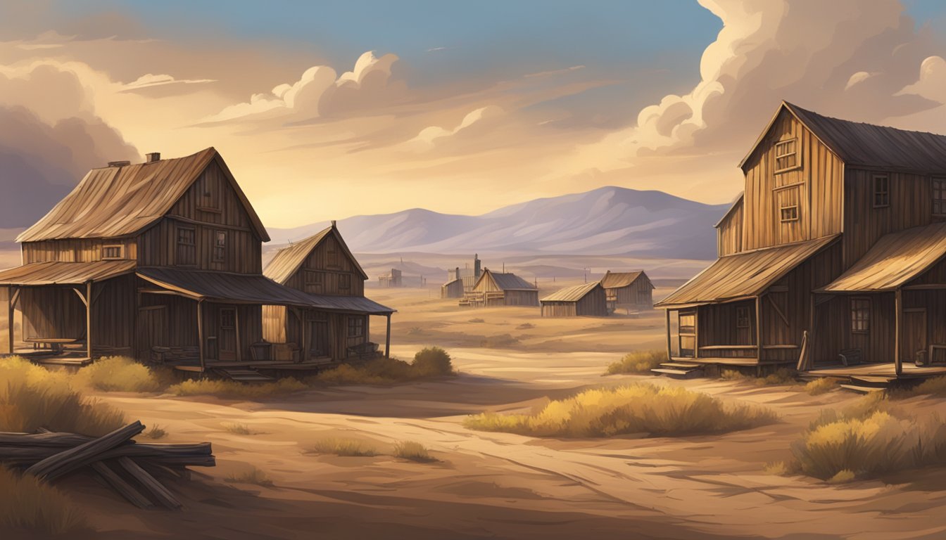 A dusty, rugged Western town with a backdrop of rolling hills and a dramatic sky. A mix of old wooden buildings and open plains