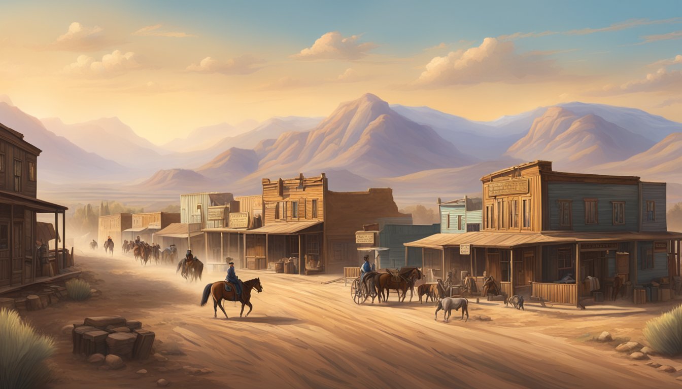 A dusty western town with saloons and horses, set against a backdrop of rugged mountains and sprawling plains