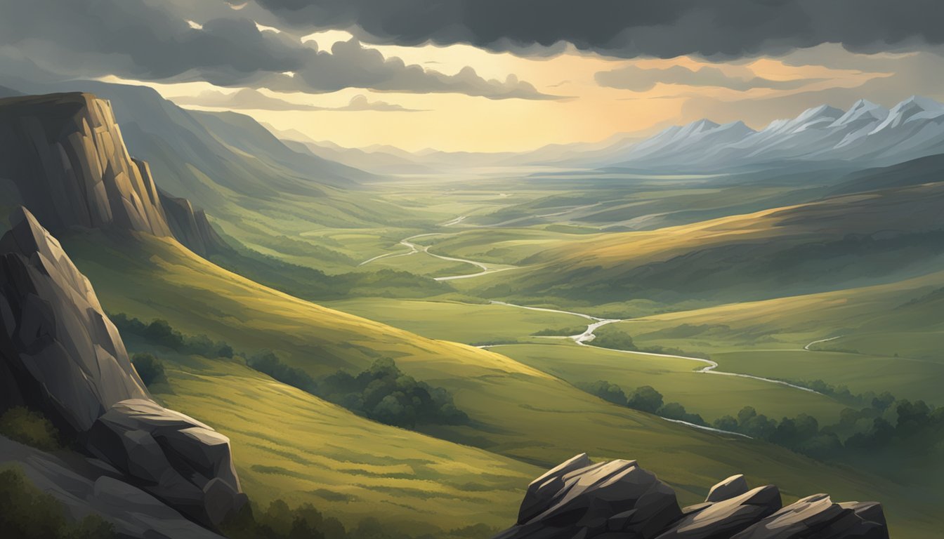 A sprawling, rugged landscape with a dramatic clash of two opposing factions, set against a backdrop of rolling hills and a brooding sky