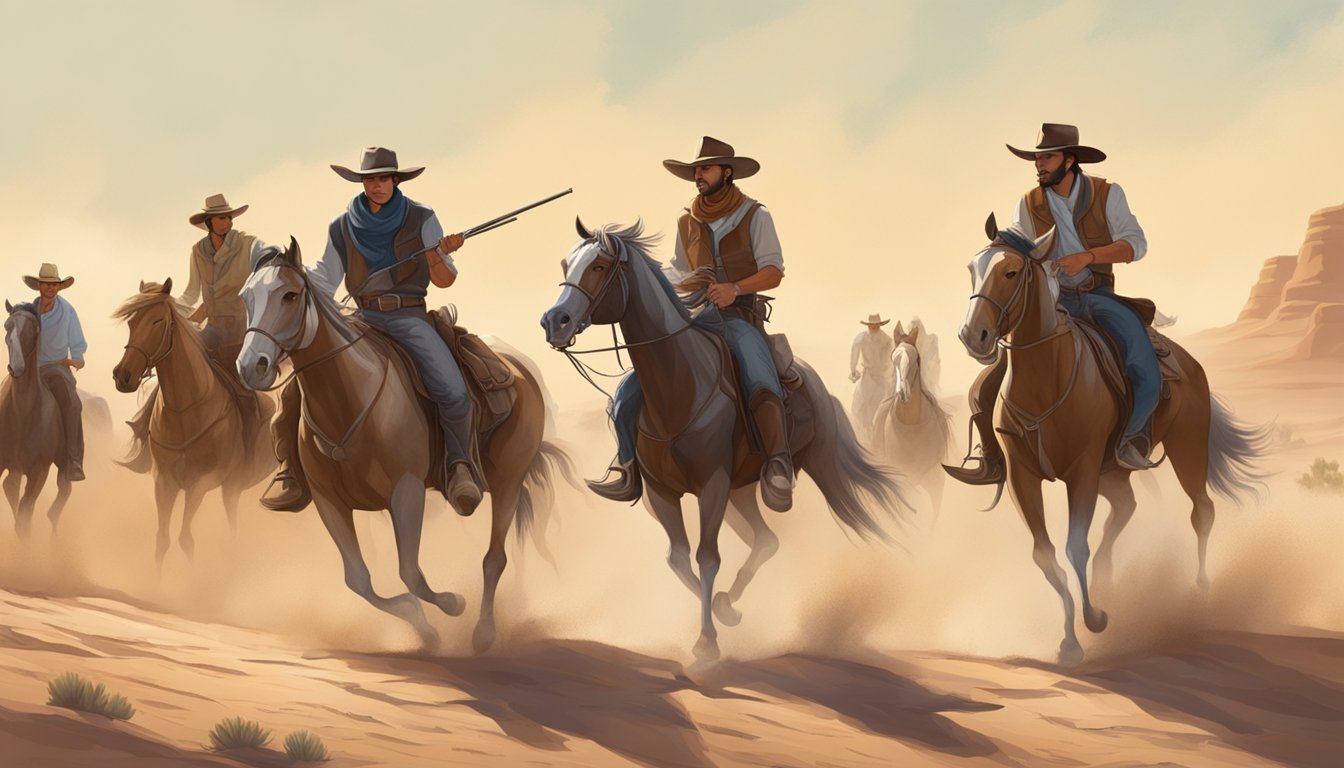 A tense standoff between two rival groups of cowboys on horseback in a dusty, sun-drenched desert landscape