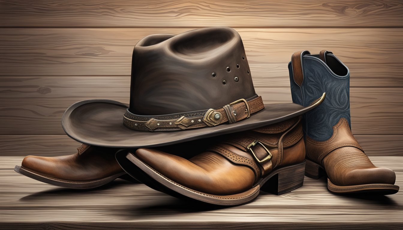 A rugged cowboy hat rests on a weathered wooden table, surrounded by a pair of well-worn leather boots and a revolver in a holster