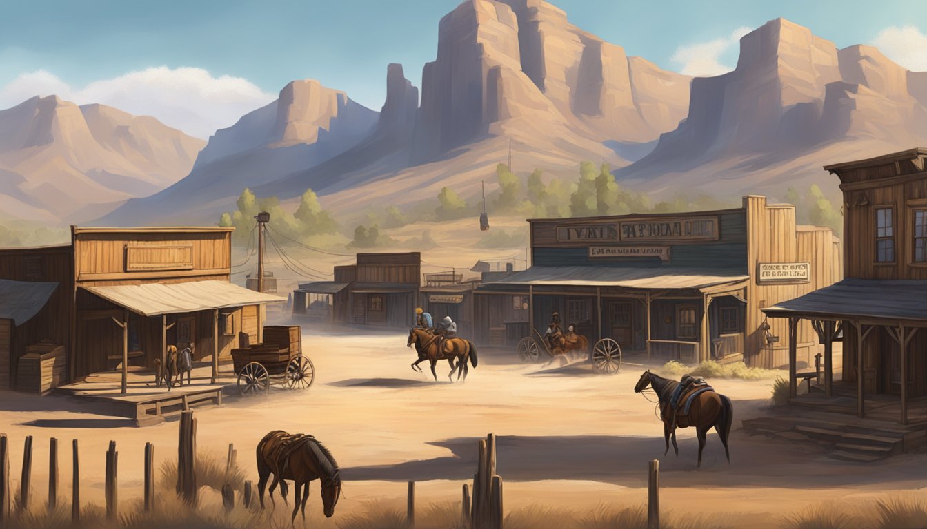 A dusty western town with a saloon, horses tied to posts, and a rugged mountain backdrop