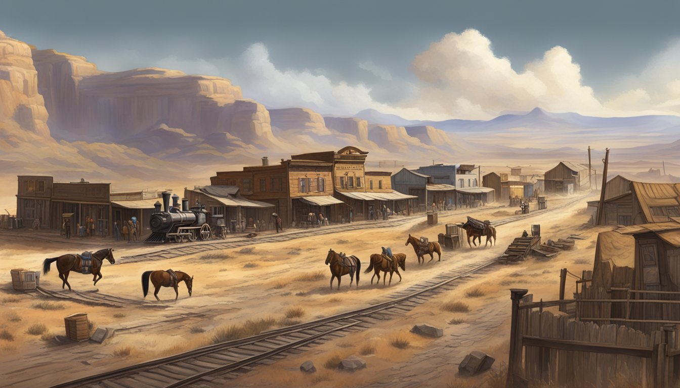 A rugged, dusty western town with a saloon, horses, and a train track cutting through the landscape