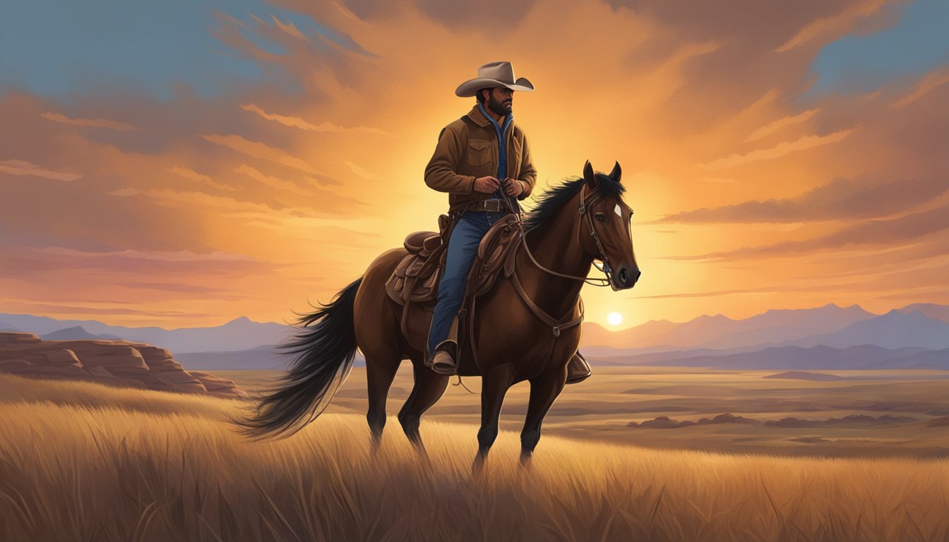 A rugged cowboy on horseback rides through a vast, open prairie, with a dramatic sunset in the background