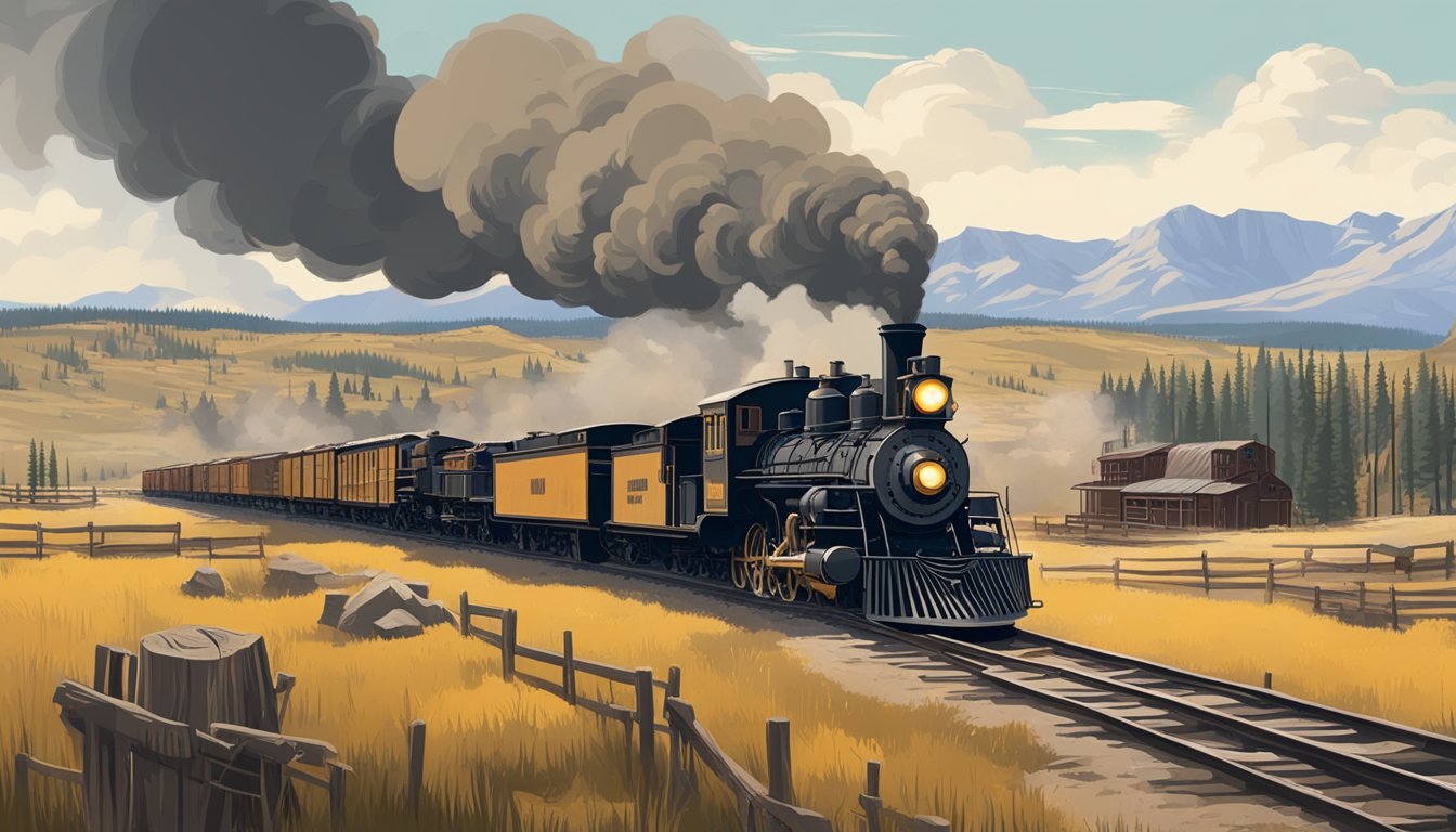 A rugged landscape with a sprawling ranch and steam locomotive, symbolizing the clash between modernity and tradition in TV Westerns Yellowstone and Hell on Wheels