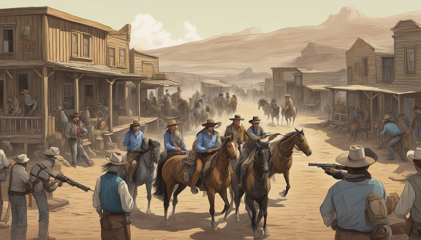 A tense showdown between two rival families in a dusty western town, with horses and guns drawn