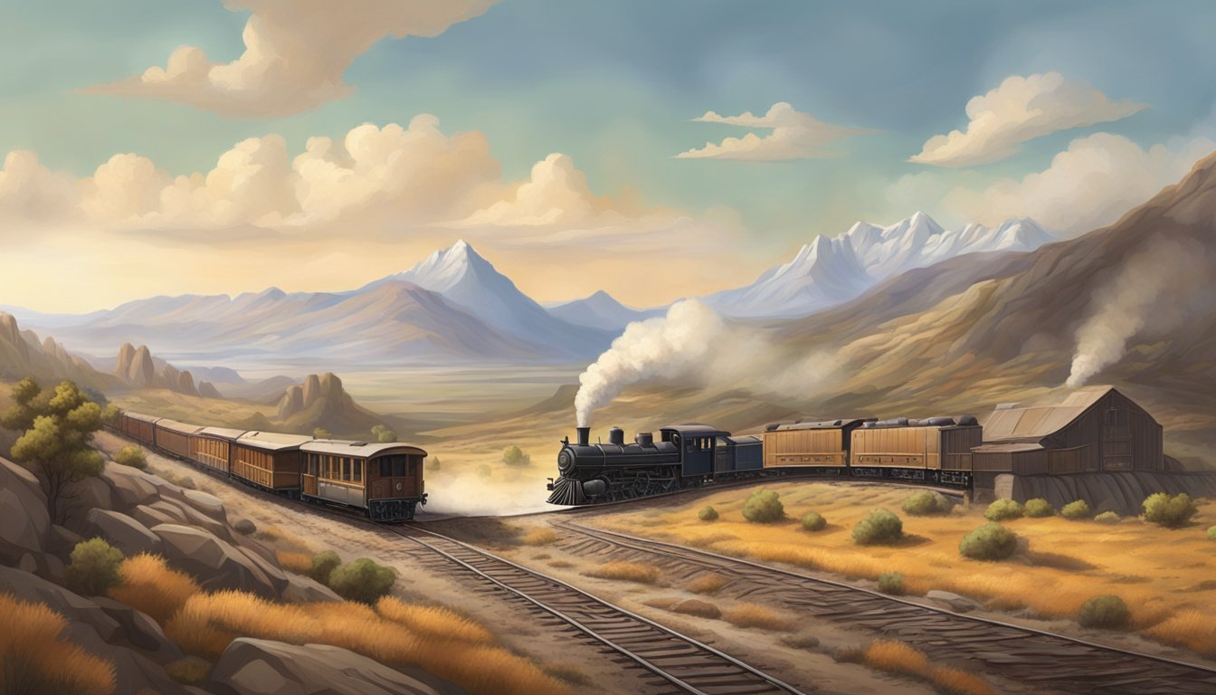 A dusty, rugged landscape with a sprawling ranch and a steam train winding through the mountains