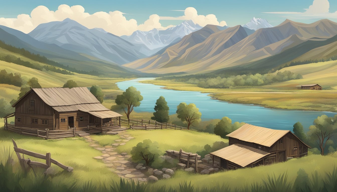 A rugged, mountainous landscape with a sprawling ranch on one side and a small, rustic homestead on the other. A river runs through the center, dividing the two territories