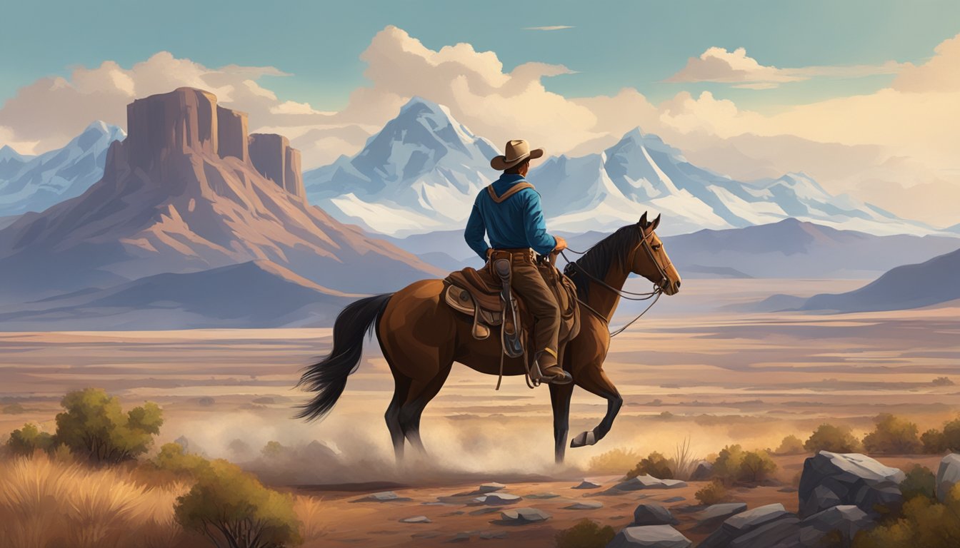 A rugged cowboy on horseback stands in front of a grand, sweeping landscape with mountains in the background