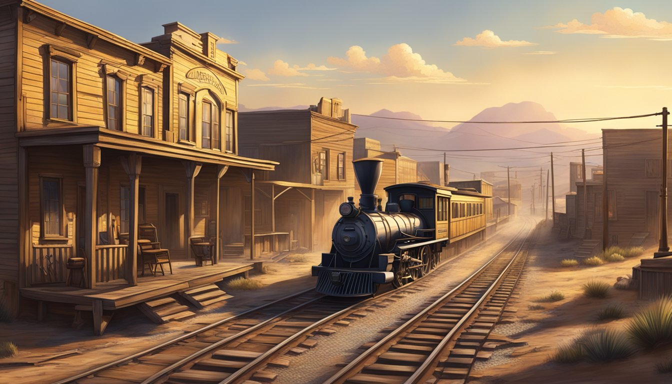 A dusty, sun-drenched western town with a saloon, train tracks, and rugged landscape in the background