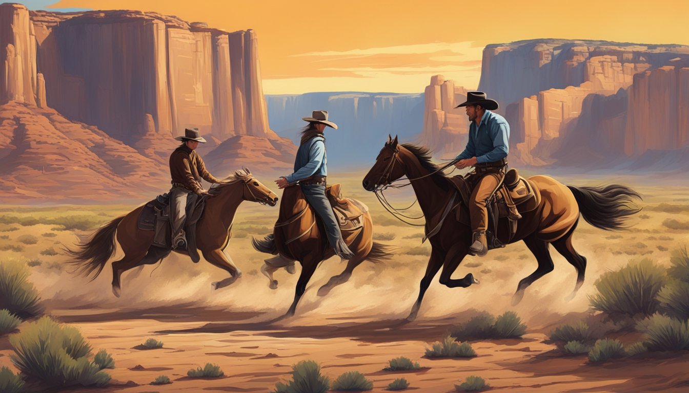 A dramatic showdown between two iconic TV western shows, with the rugged landscape of the American West as the backdrop