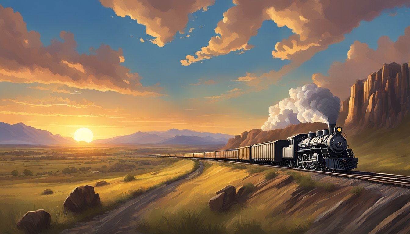 A vast, rugged landscape with a sprawling cattle ranch and a bustling railroad town, set against a dramatic sunset sky