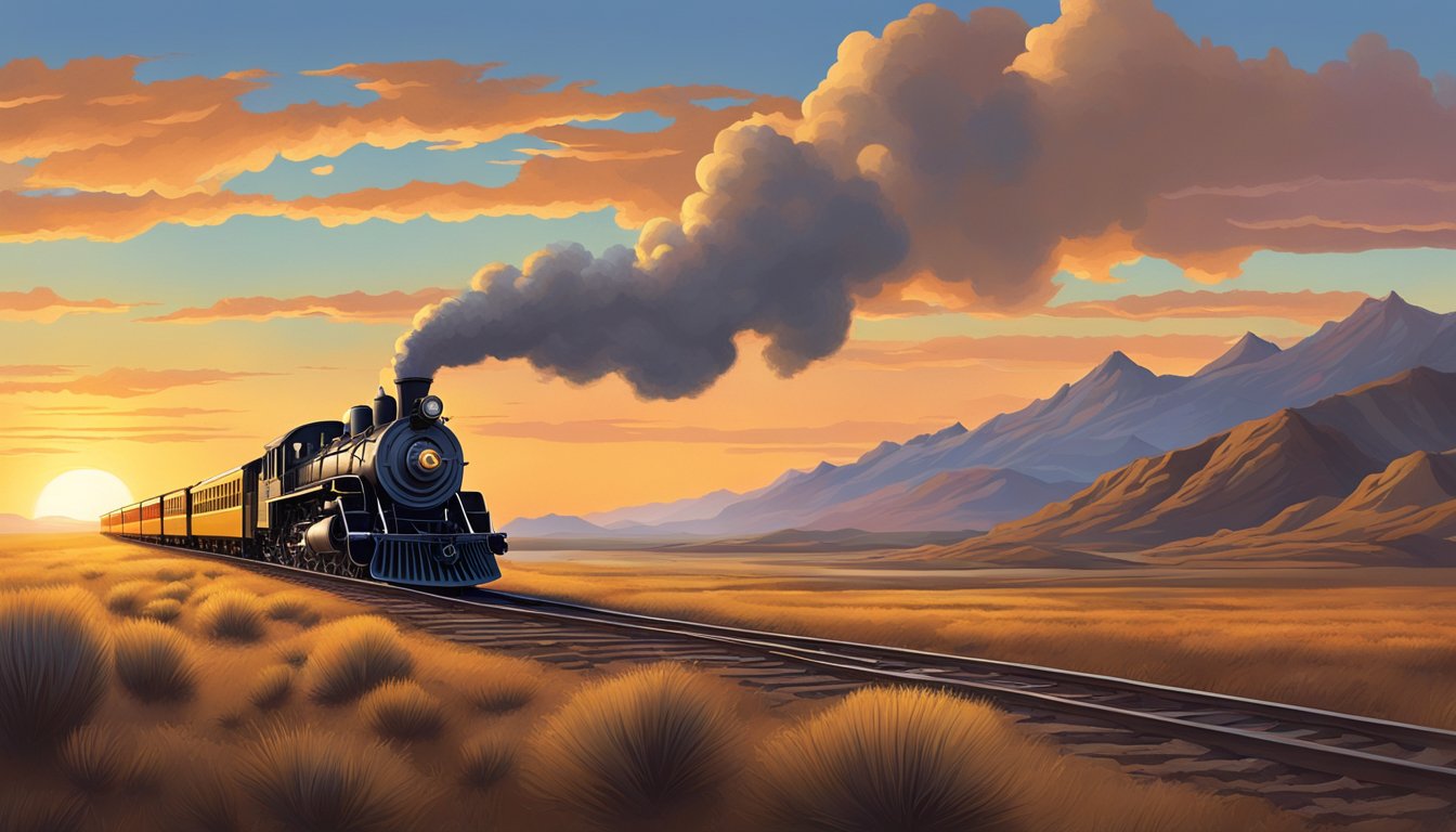 A vast, golden prairie stretches to the horizon. Two iconic western landscapes, one with a rugged mountain range and the other with a steam locomotive, stand side by side under a colorful sunset sky