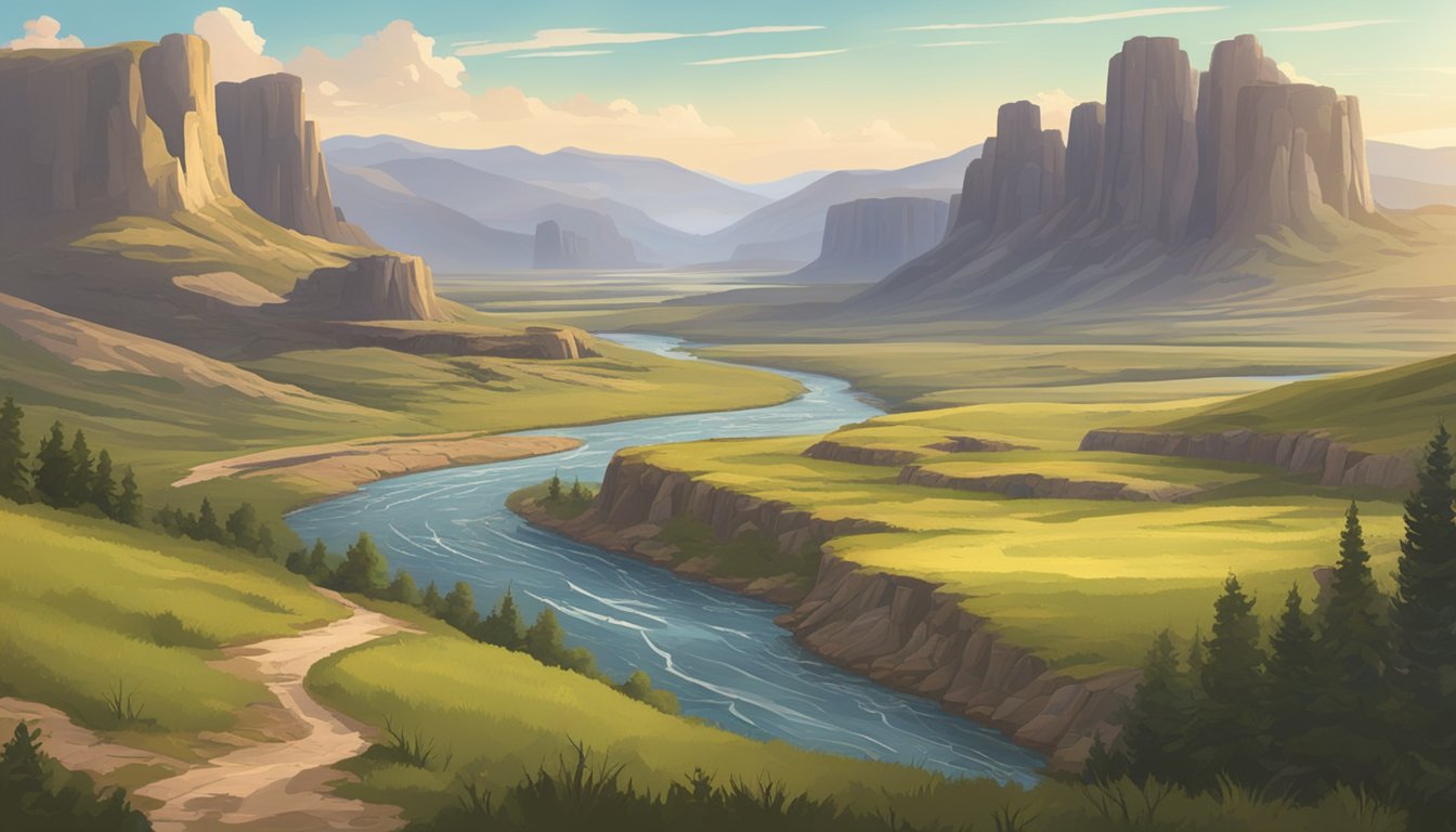 A vast, rugged landscape with rolling hills, rocky cliffs, and a winding river. A rustic western town sits in the distance, surrounded by open prairie and towering mountains