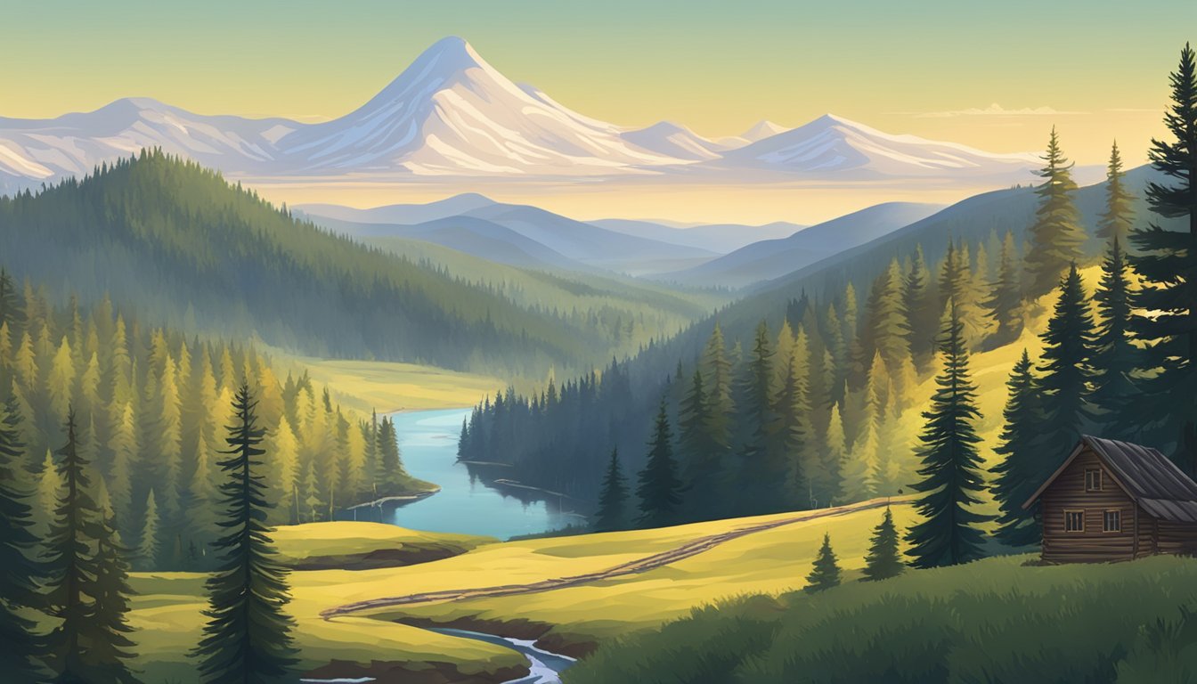 A vast, rugged landscape with rolling hills and a winding river. A lone cabin sits in the distance, surrounded by towering pine trees