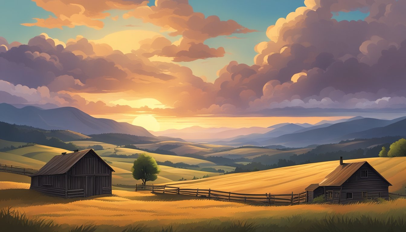 A rugged, vast landscape with rolling hills and a rustic homestead in the distance, set against a dramatic sunset