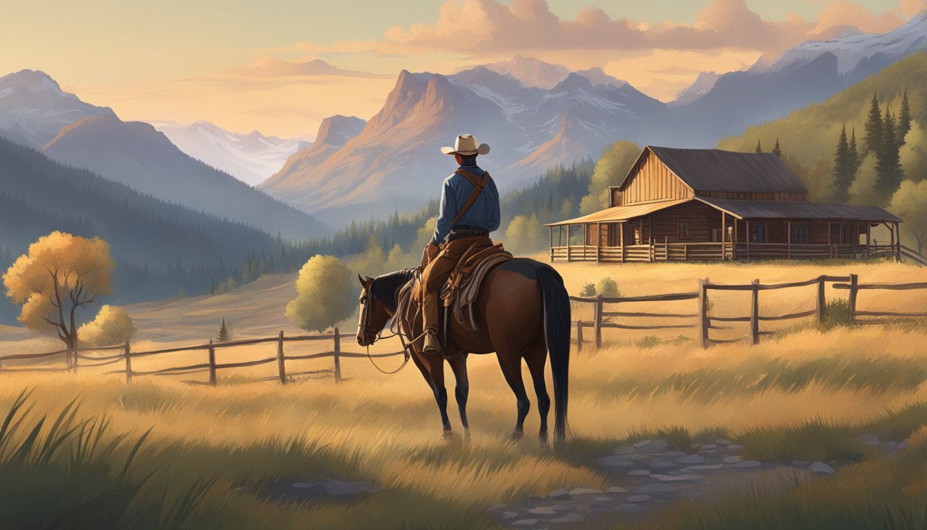 A rugged cowboy on horseback stands in front of a sprawling, picturesque ranch with mountains in the background