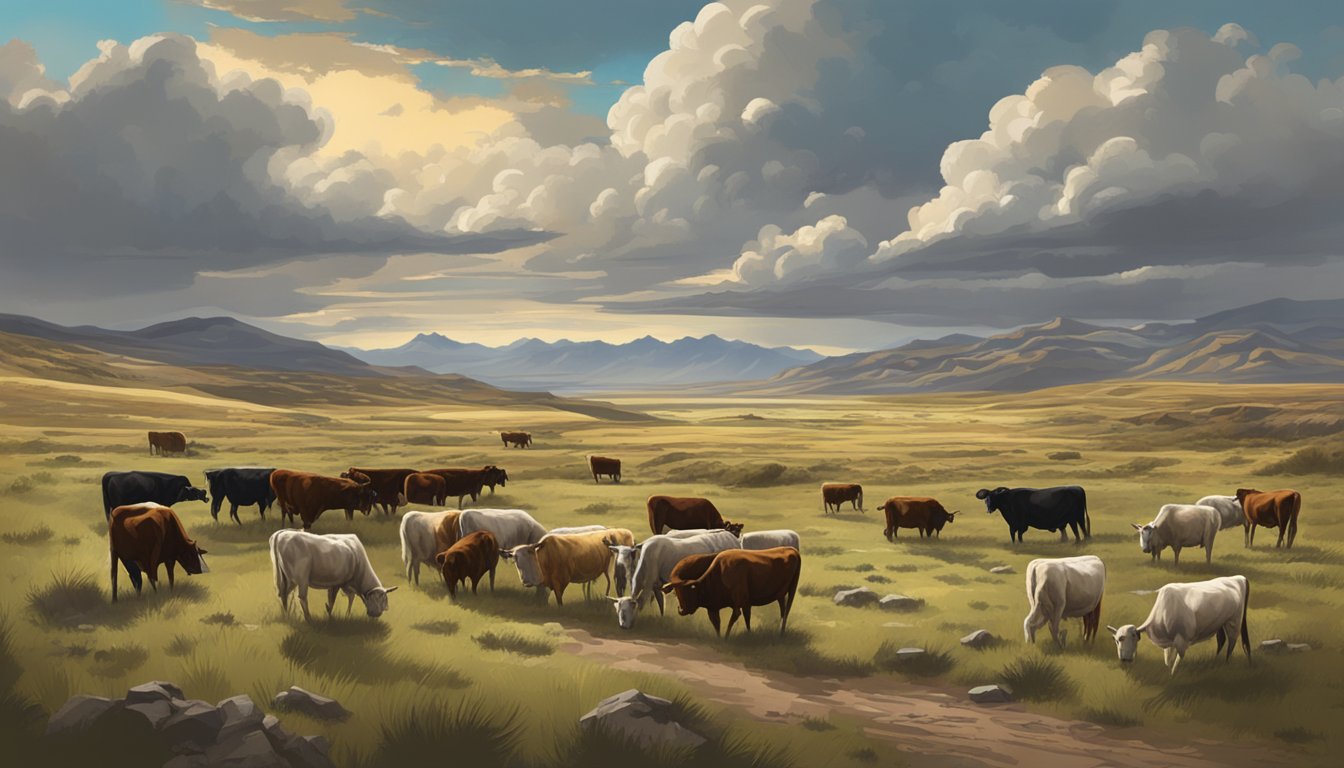 A sprawling ranch with rugged terrain and grazing cattle, set against a dramatic western sky