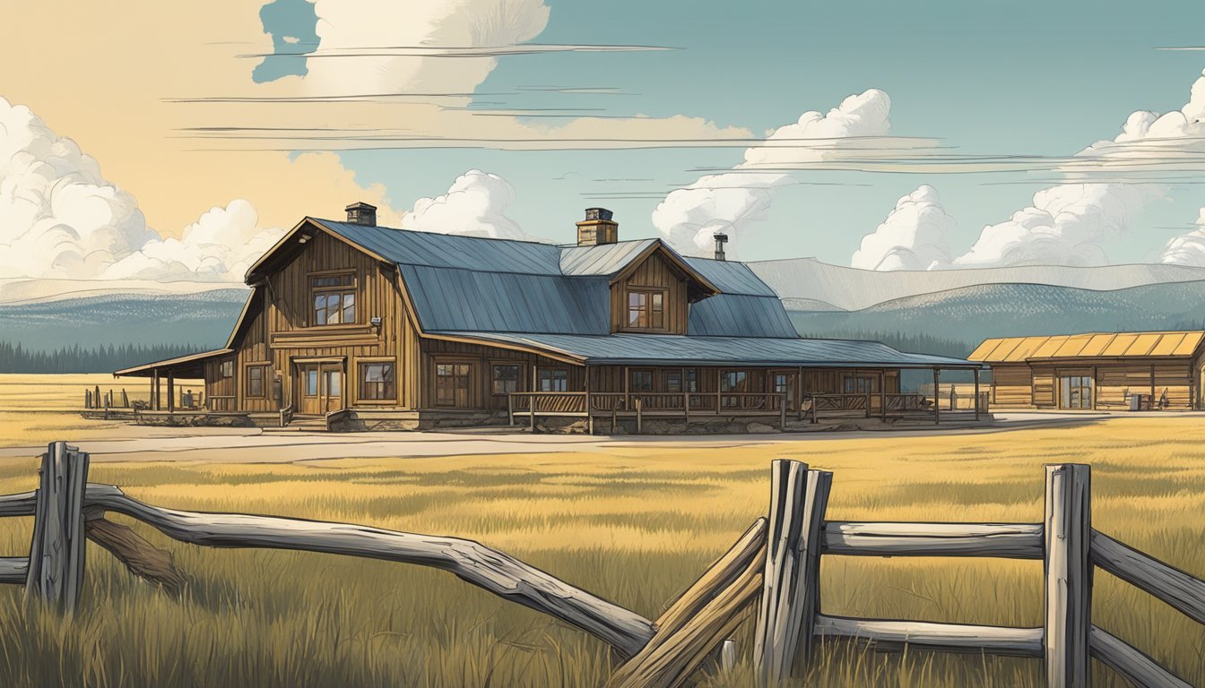 A sprawling ranch in the heart of Yellowstone, with a modern twist. Rustic buildings and wide open plains contrast with sleek, modern technology