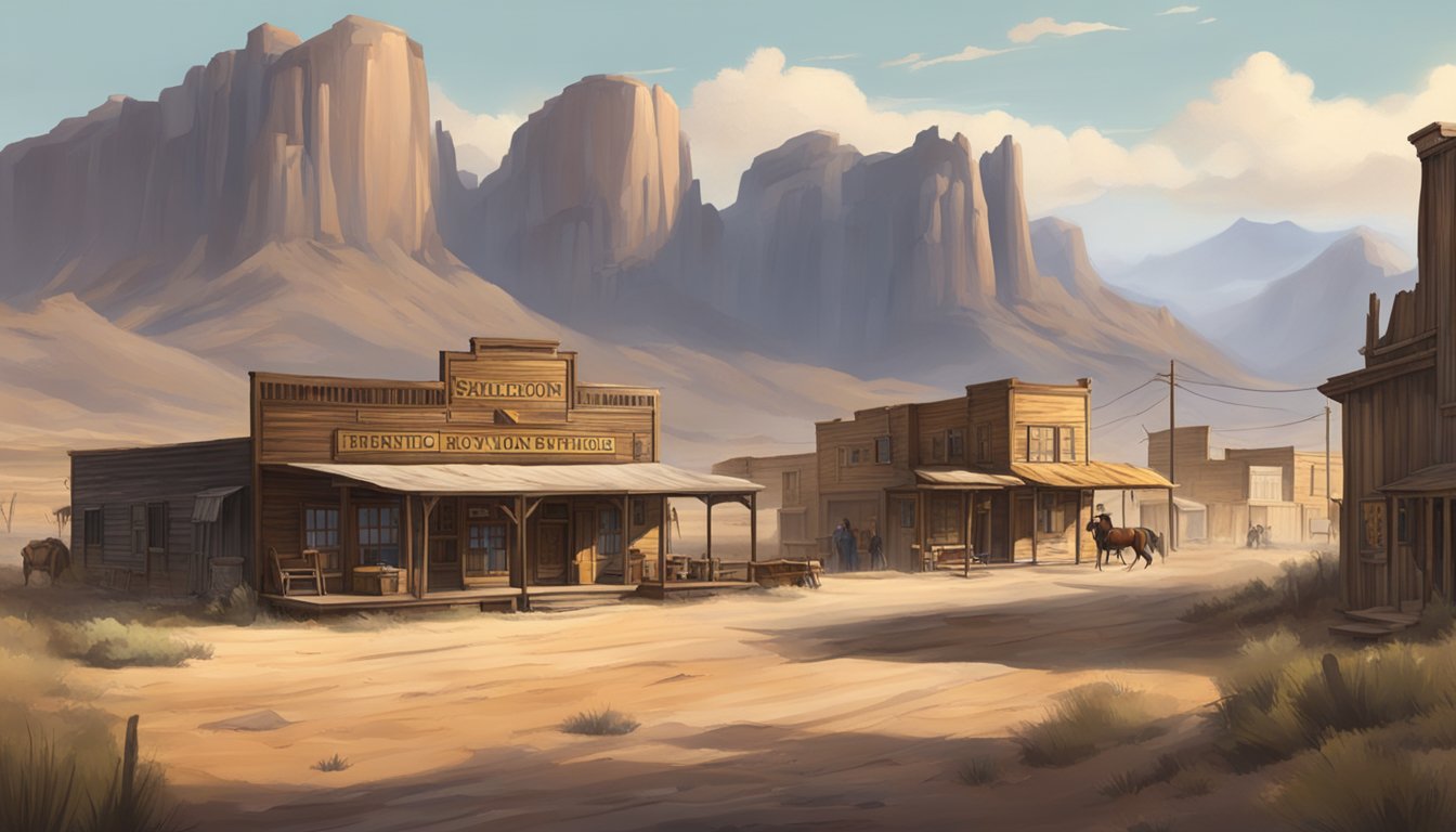 A dusty western town with a saloon and sheriff's office, surrounded by rugged mountains and open plains