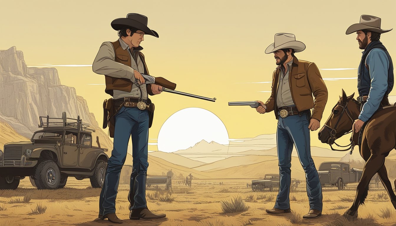 A dramatic showdown between two iconic TV Western shows, Yellowstone and Into the West, with their respective characters and settings symbolically represented