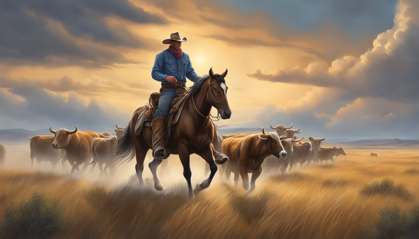 A rugged cowboy on horseback herding cattle through a vast, open prairie under a dramatic sky