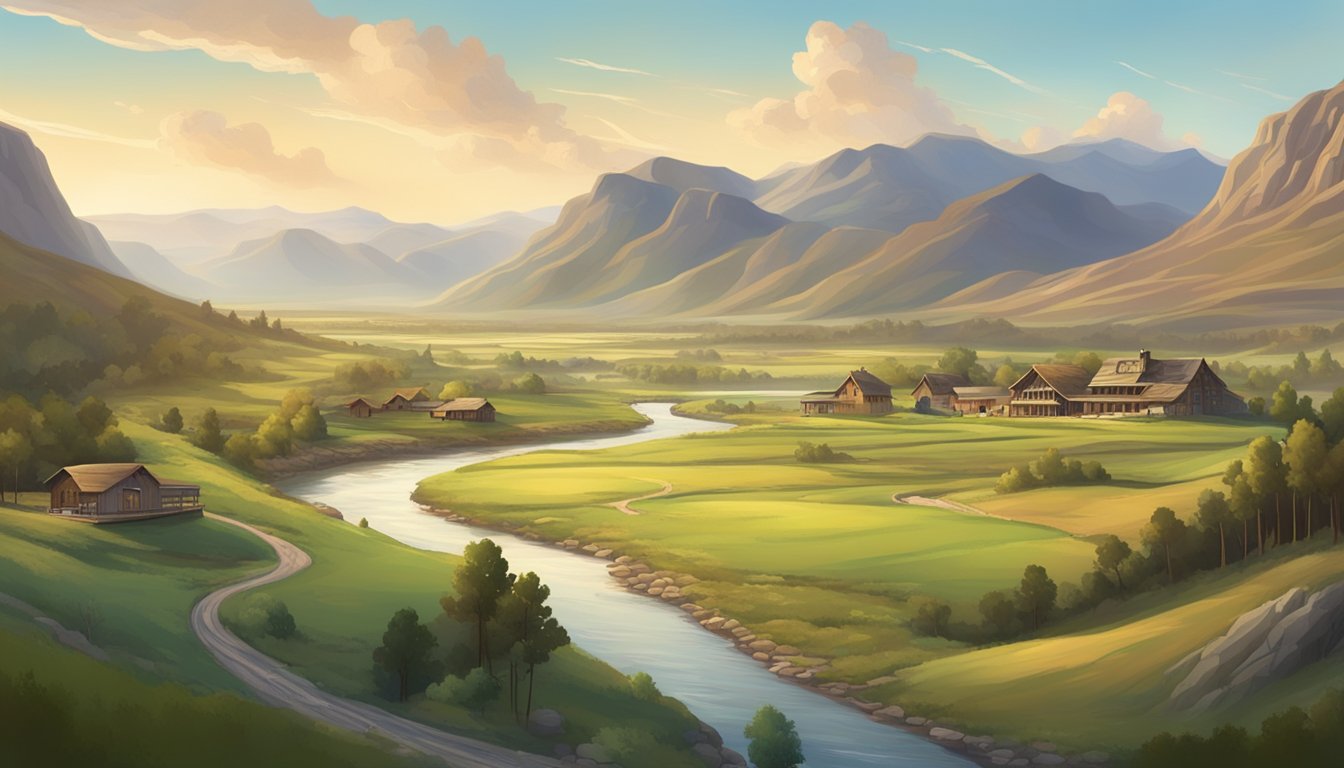 A vast, rugged landscape with a sprawling ranch on one side and a quaint, idyllic town on the other, separated by rolling hills and a winding river