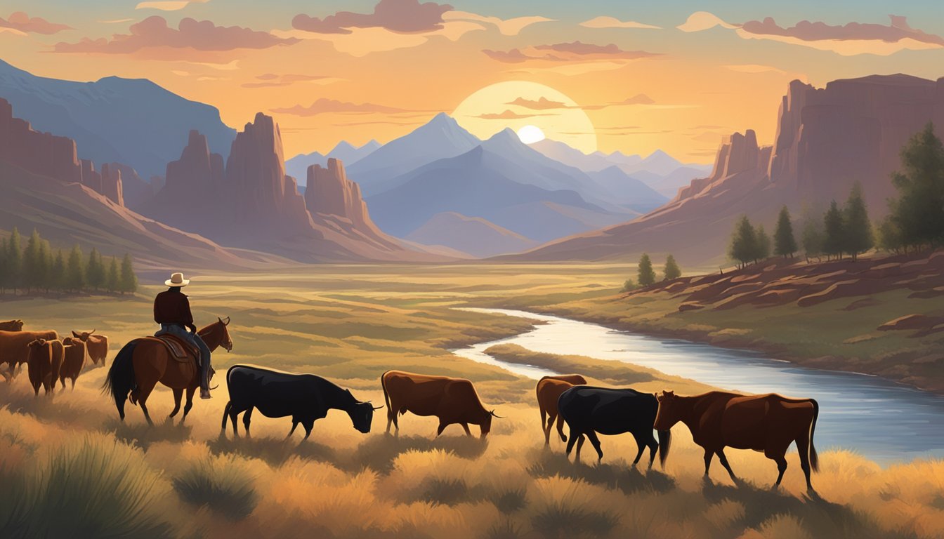 A sprawling western landscape with cattle, mountains, and a river. A lone cowboy on horseback herds the cattle, while the sun sets behind the rugged terrain