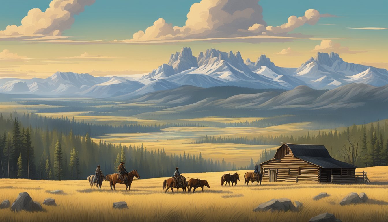 A vast, rugged landscape with a sprawling ranch and majestic mountains in the background, capturing the essence of the modern TV Western shows Yellowstone and Little House on the Prairie