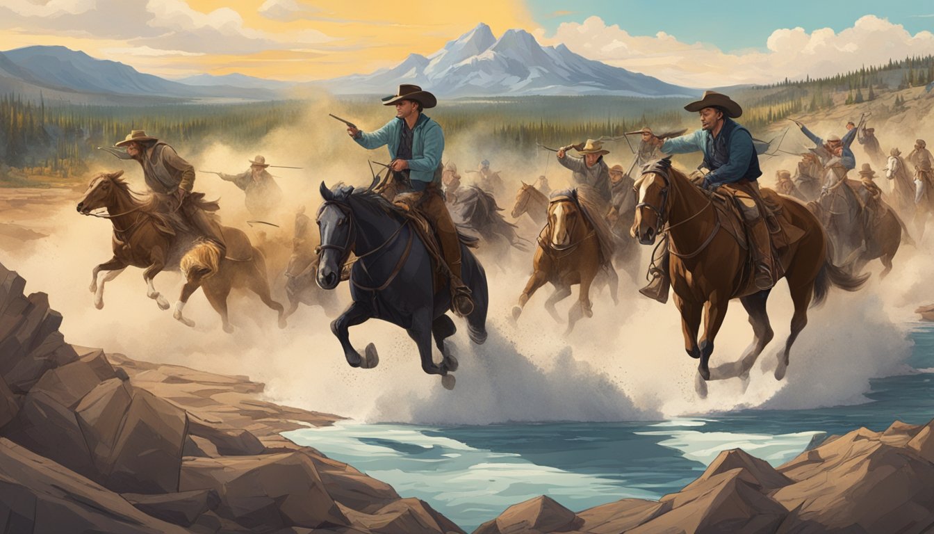 A split screen showing intense action scenes from both Yellowstone and Into the West, with viewers passionately debating their favorite show