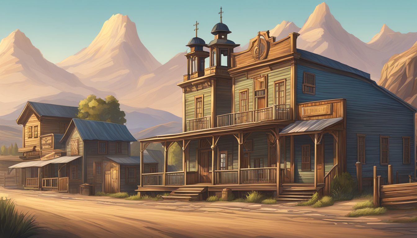 A picturesque western town with a saloon, church, and rolling hills in the background