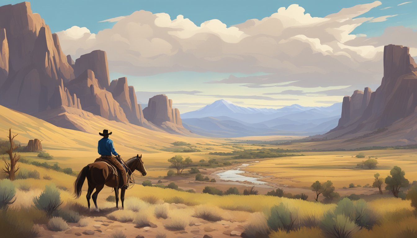 A rugged landscape with a sprawling ranch, mountains in the distance, and a lone cowboy riding on horseback