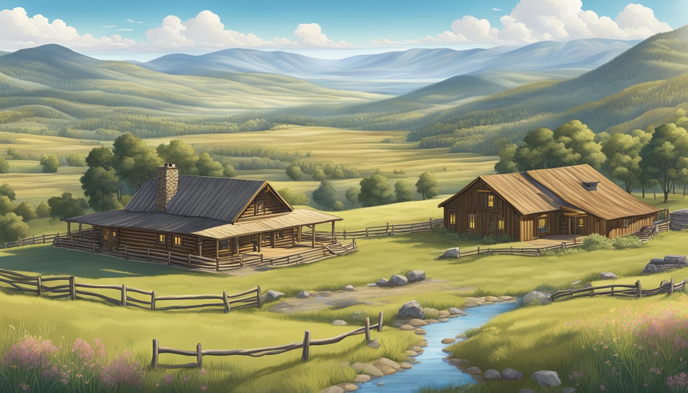 A vast, rugged landscape with a sprawling ranch and log cabin nestled among rolling hills and a clear blue sky overhead