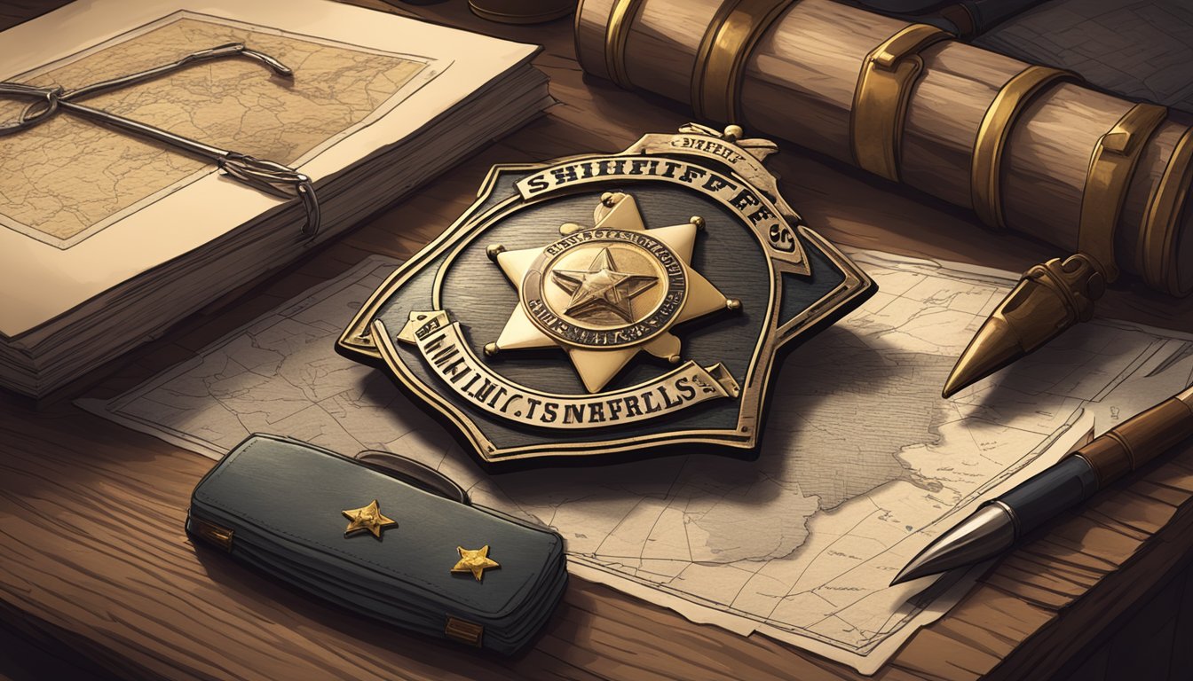 A lone sheriff's badge rests on a weathered wooden desk, surrounded by maps and case files in a dimly lit office