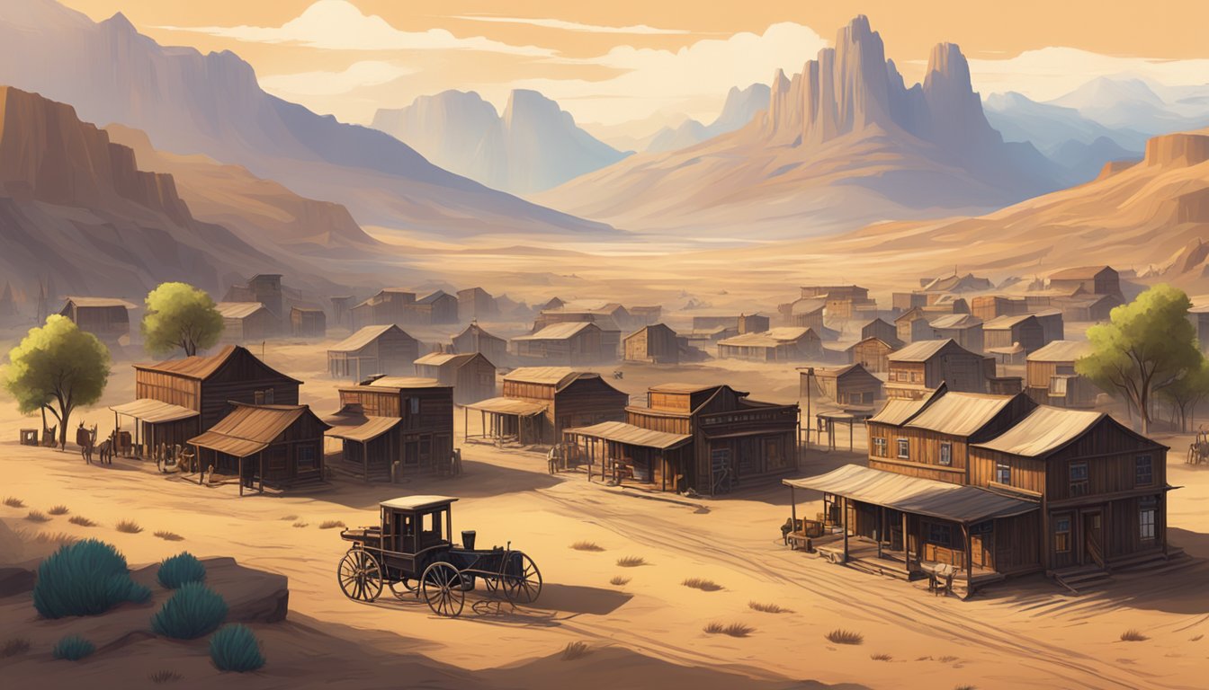 A dusty, sun-drenched western town with wooden buildings and a saloon, surrounded by rugged mountains and vast open plains