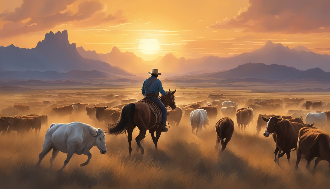 A rugged cowboy on horseback herding cattle through a vast, open prairie with a dramatic sunset in the background