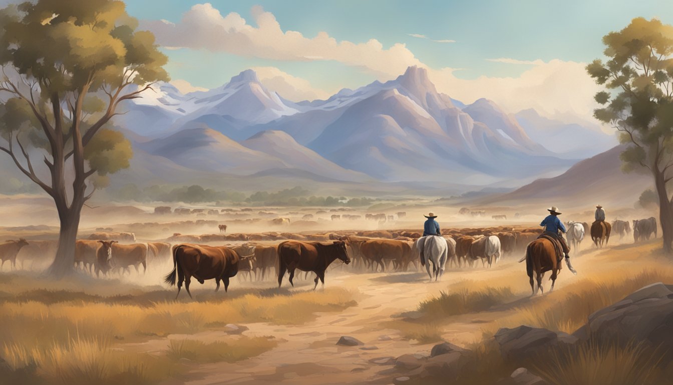 A dusty, rugged landscape with a sprawling ranch and mountains in the background. A herd of cattle roam freely, while cowboys on horseback work the land