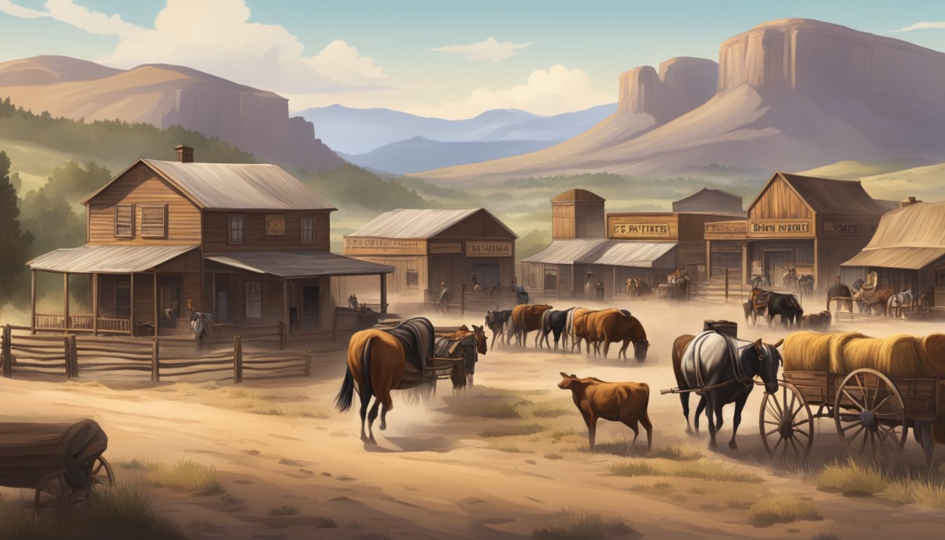 A dusty western town with a saloon, cattle, and rolling hills in the background, capturing the rugged and iconic landscape of the American frontier