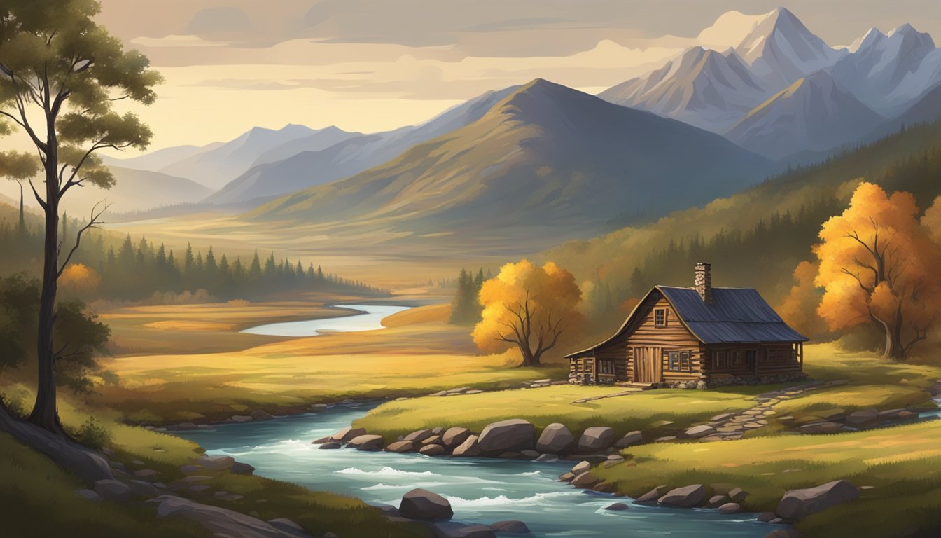 A vast, rugged landscape with rolling hills, towering mountains, and a winding river. A lone, rustic homestead sits in the distance, surrounded by untamed wilderness