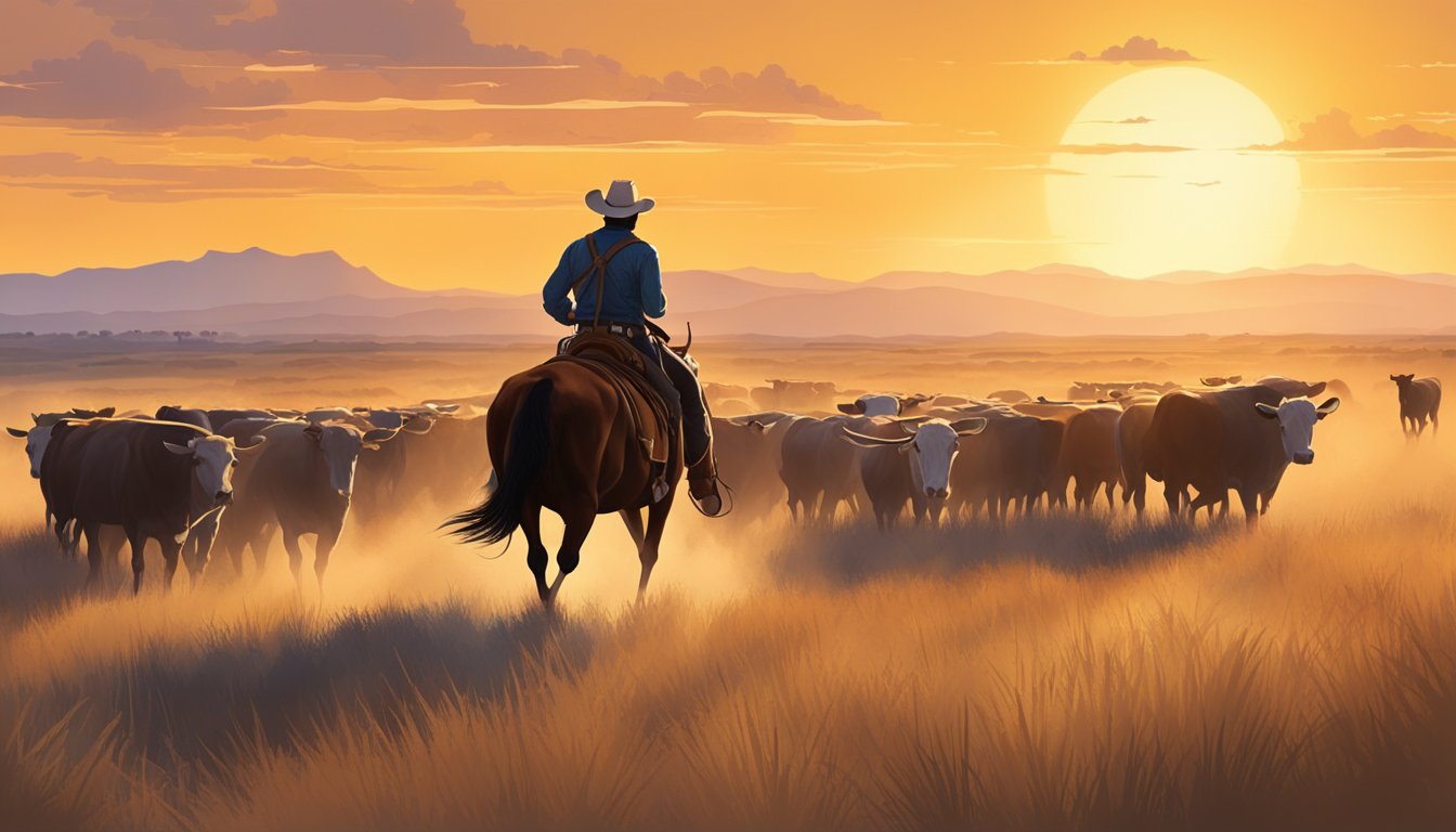 A rugged cowboy riding through a vast, open prairie with a herd of cattle in the distance. The sun is setting, casting a warm, golden glow over the landscape