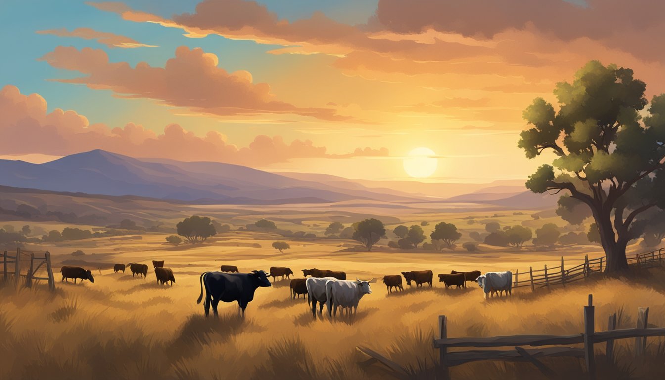 A dusty, rugged landscape with a sprawling ranch and cattle, set against a dramatic sunset sky