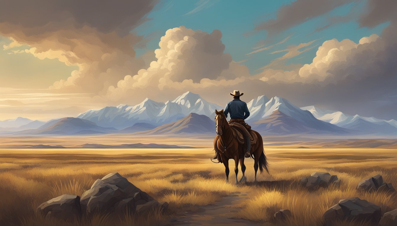 A rugged cowboy on horseback stands in front of a vast, open prairie with mountains in the distance, under a dramatic sky