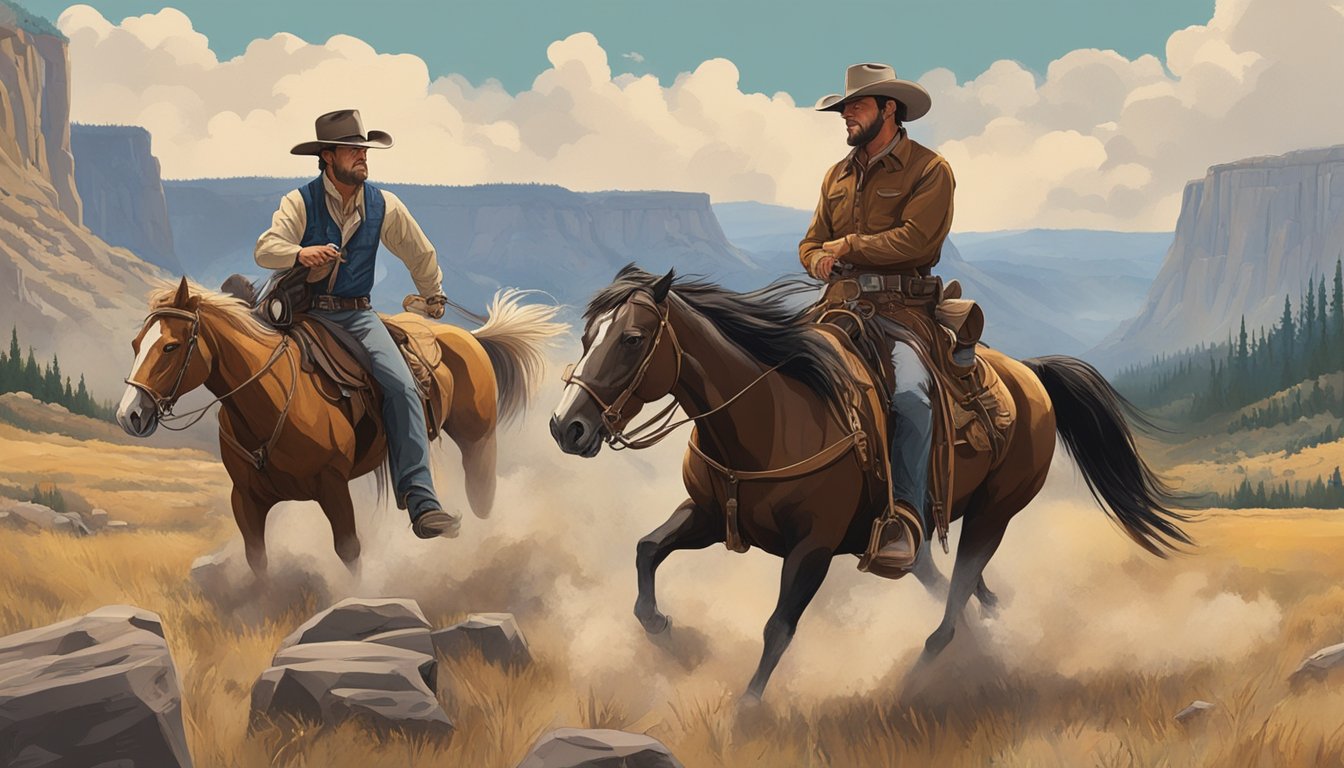 A dramatic showdown between the main characters of Yellowstone and Lonesome Dove, set against a backdrop of rugged western landscapes and iconic cowboy imagery