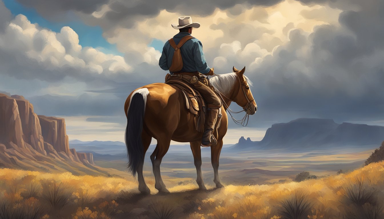 A rugged cowboy on horseback surveys a vast, picturesque landscape dotted with cattle and rugged terrain, under a dramatic sky